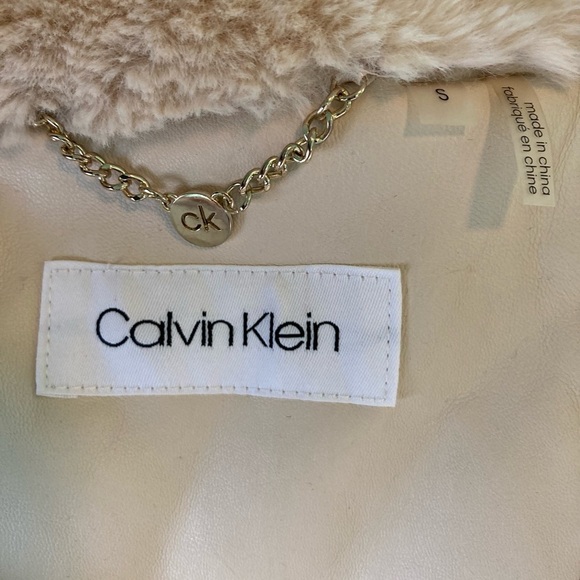Calvin Klein Faux Fur Ivory Mid-Length Coat with Gold Accent Buttons (Size S) - Picture 9 of 10